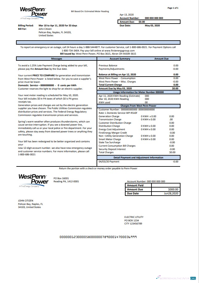 download USA Pennsylvania West Penn Power utility bill template in Word and PDF format PDF template